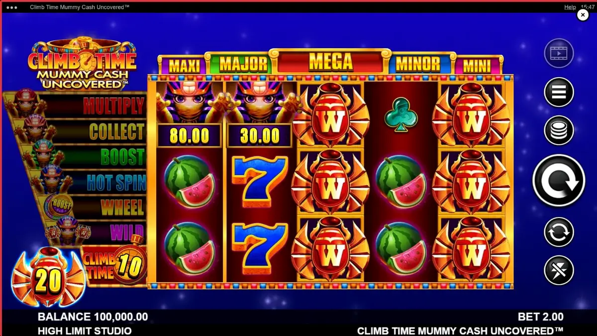 Tampilan visual slot Climb Time Mummy Cash Uncovered dengan latar belakang malam Mesir